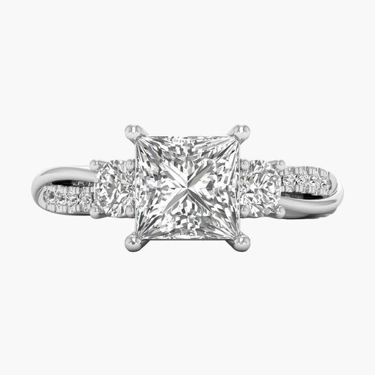 Diamond ring with a prominent princess-cut diamond on a white background