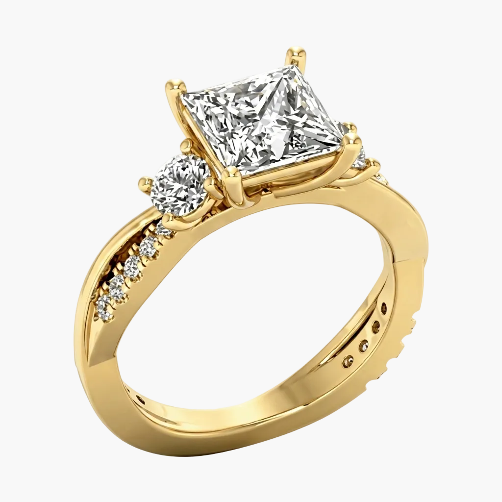 Gold ring with a large diamond and smaller diamonds on a white background