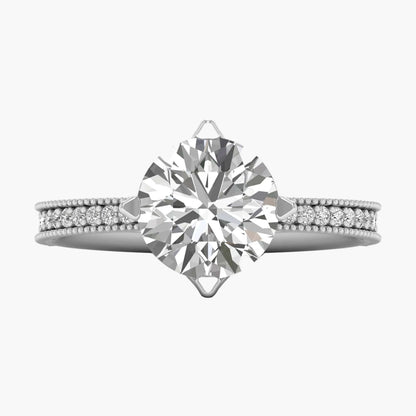 Diamond ring with a large central gemstone and smaller stones on a white background