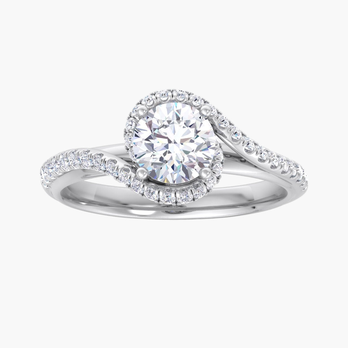 Silver ring with a large central diamond and smaller diamonds on the band against a white background