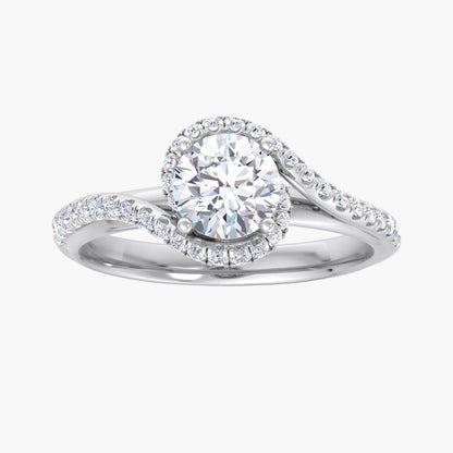 Silver ring with a large central diamond and smaller diamonds on the band against a white background