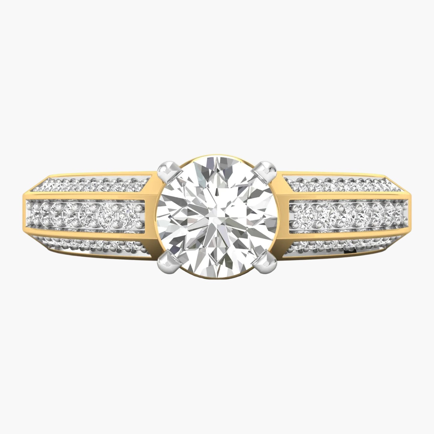 Diamond ring with gold and silver accents on a white background