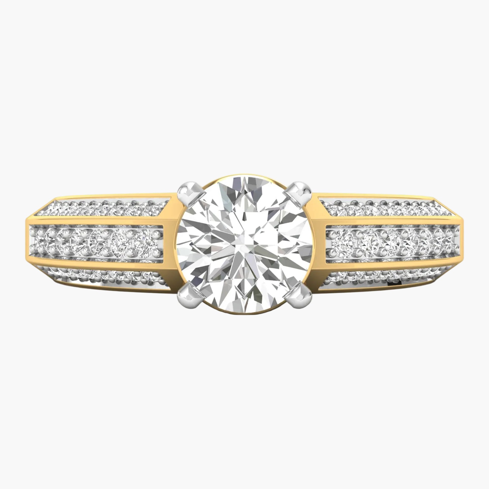 Diamond ring with gold and silver accents on a white background
