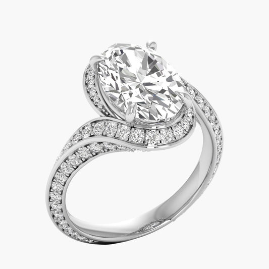 Diamond ring with a large central gemstone and smaller diamonds on a white background