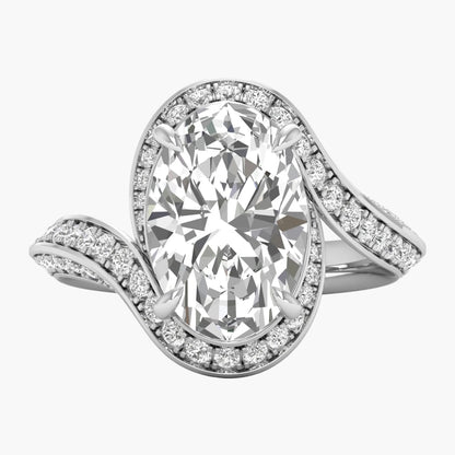 Diamond ring with a large central gemstone and smaller diamonds on a white background
