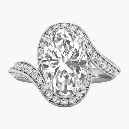 Diamond ring with a large central gemstone and smaller diamonds on a white background