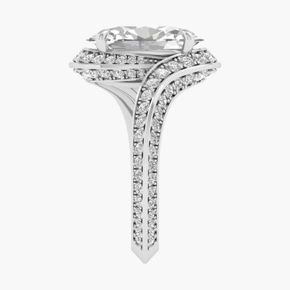 Elegant diamond ring with a large central gemstone and smaller diamonds on a white background