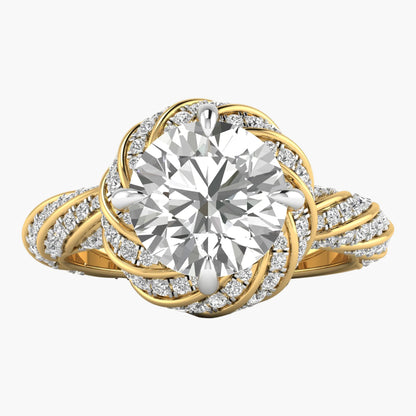 Gold ring with a large diamond and smaller diamonds on a white background