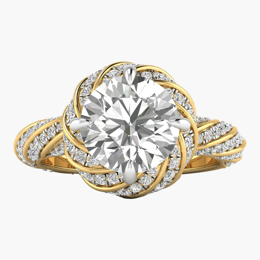 Gold ring with a large diamond and smaller diamonds on a white background