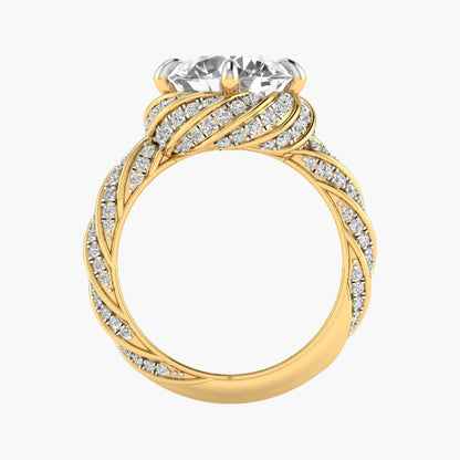 Gold ring with a large diamond and smaller diamonds on a white background