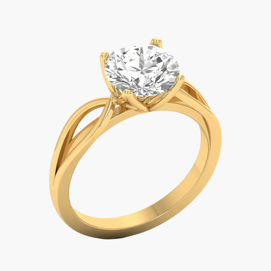 Gold ring with a large diamond on a white background