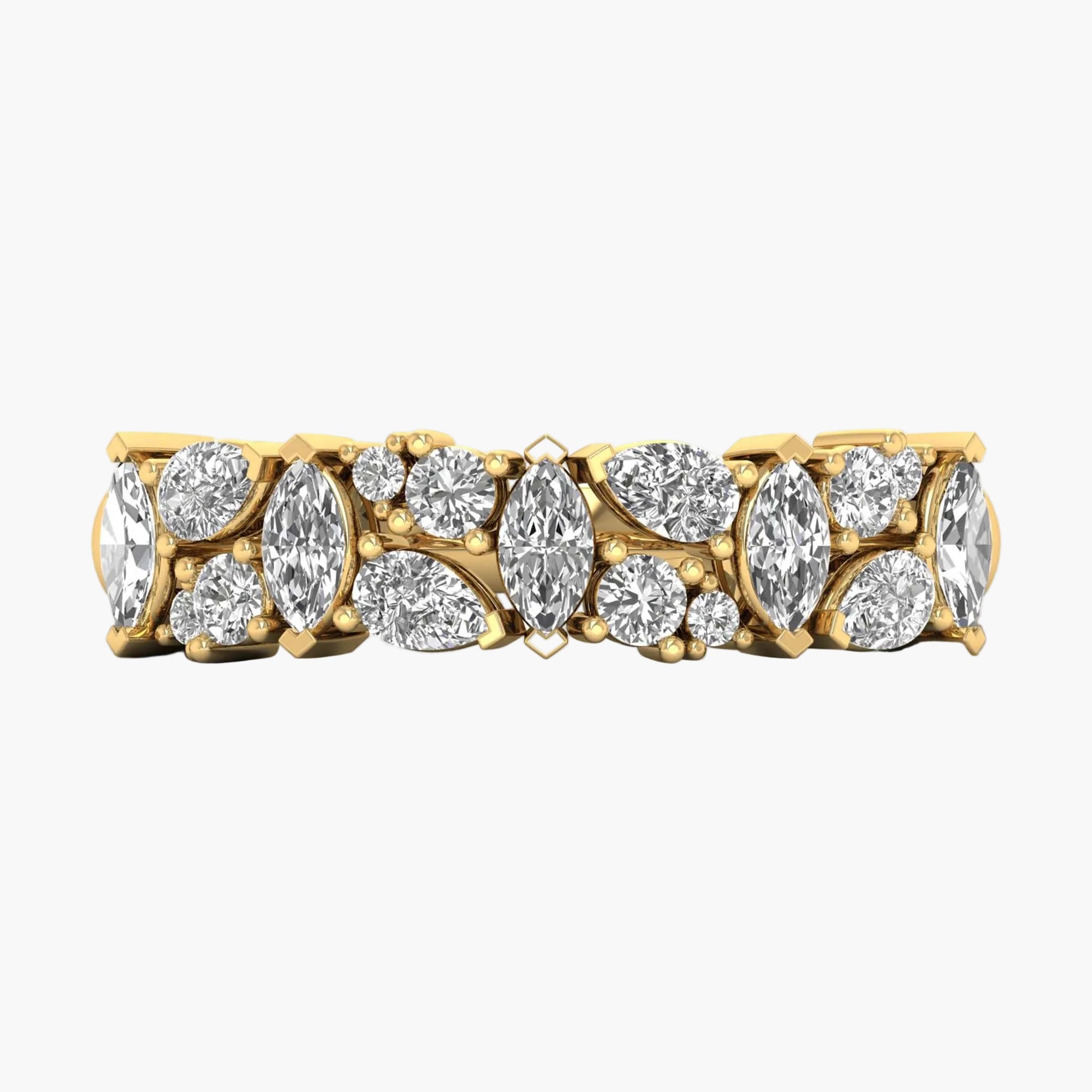 Gold ring with marquise-shaped diamonds on a white background