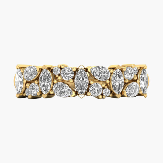 Gold ring with marquise-shaped diamonds on a white background