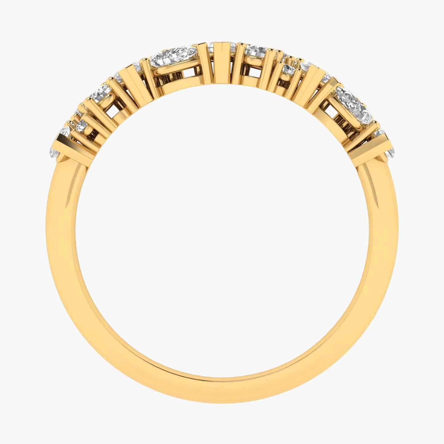 Gold ring with embedded diamonds on a white background