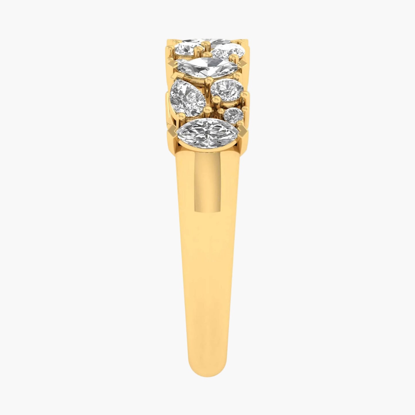 Gold ring with diamond stones on a white background