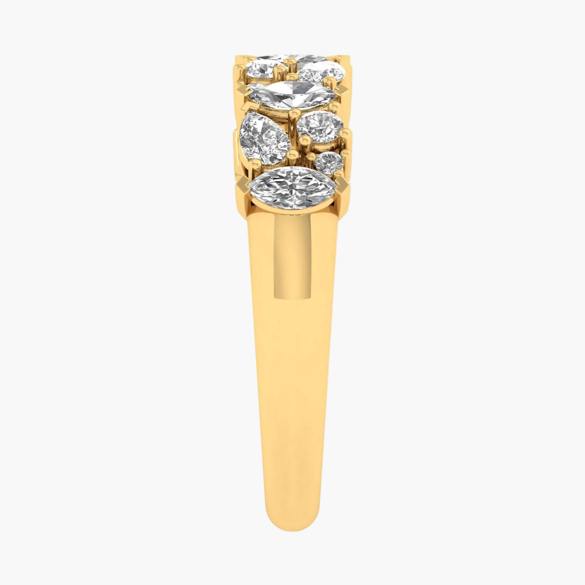 Gold ring with diamond stones on a white background
