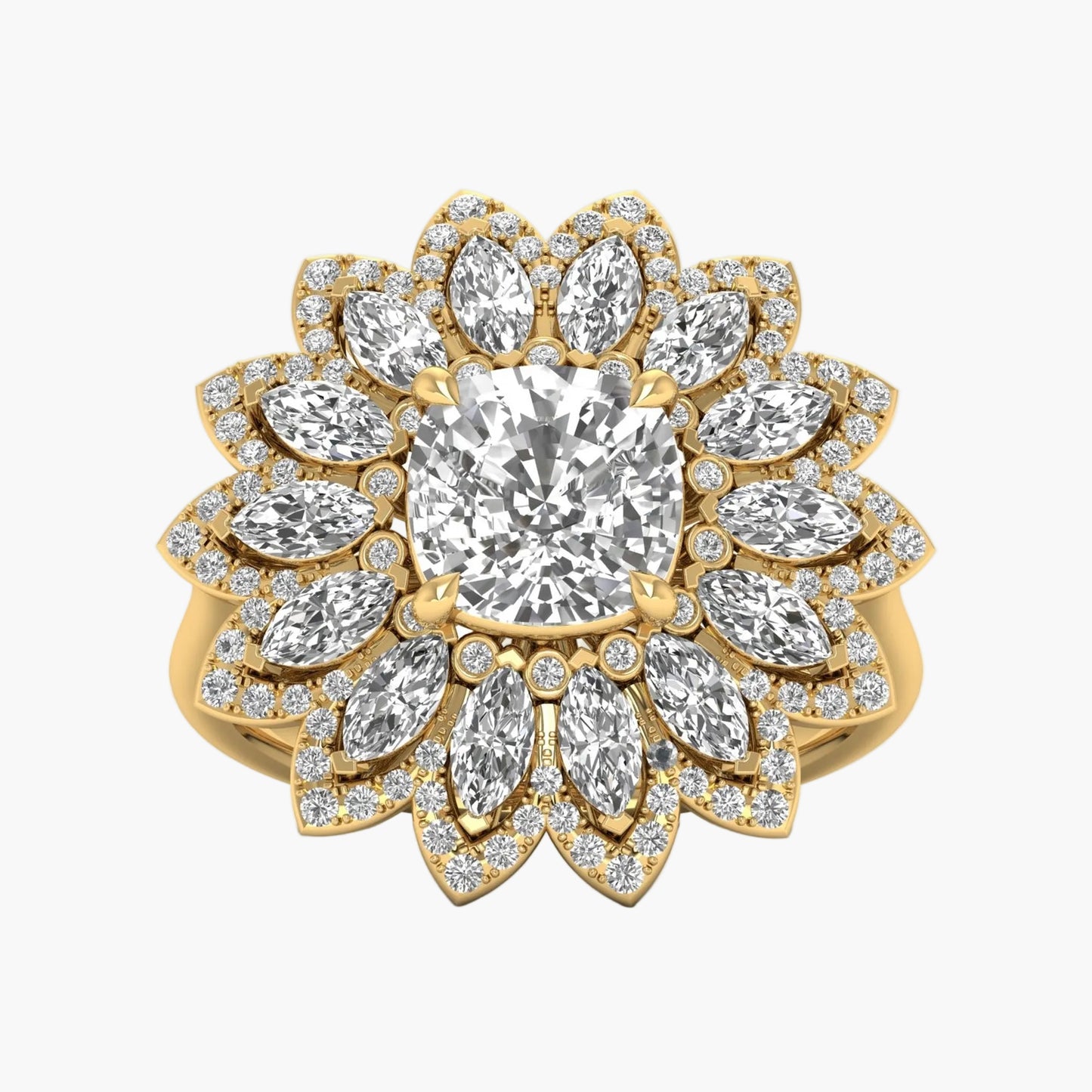 Gold ring with a large central diamond and smaller diamonds around on a white background