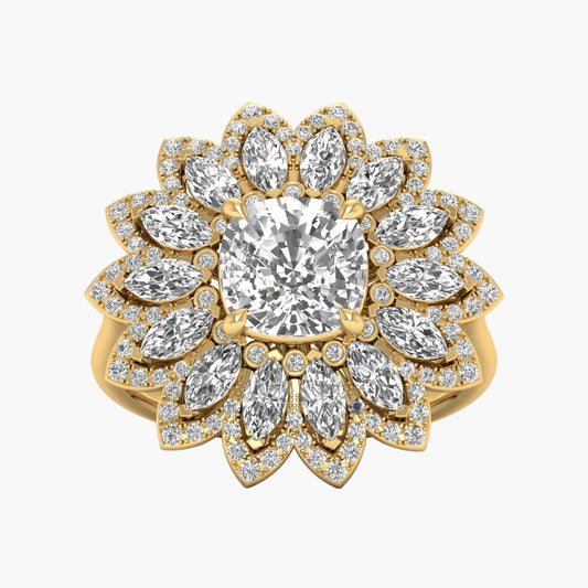 Gold ring with a large central diamond and smaller diamonds around on a white background