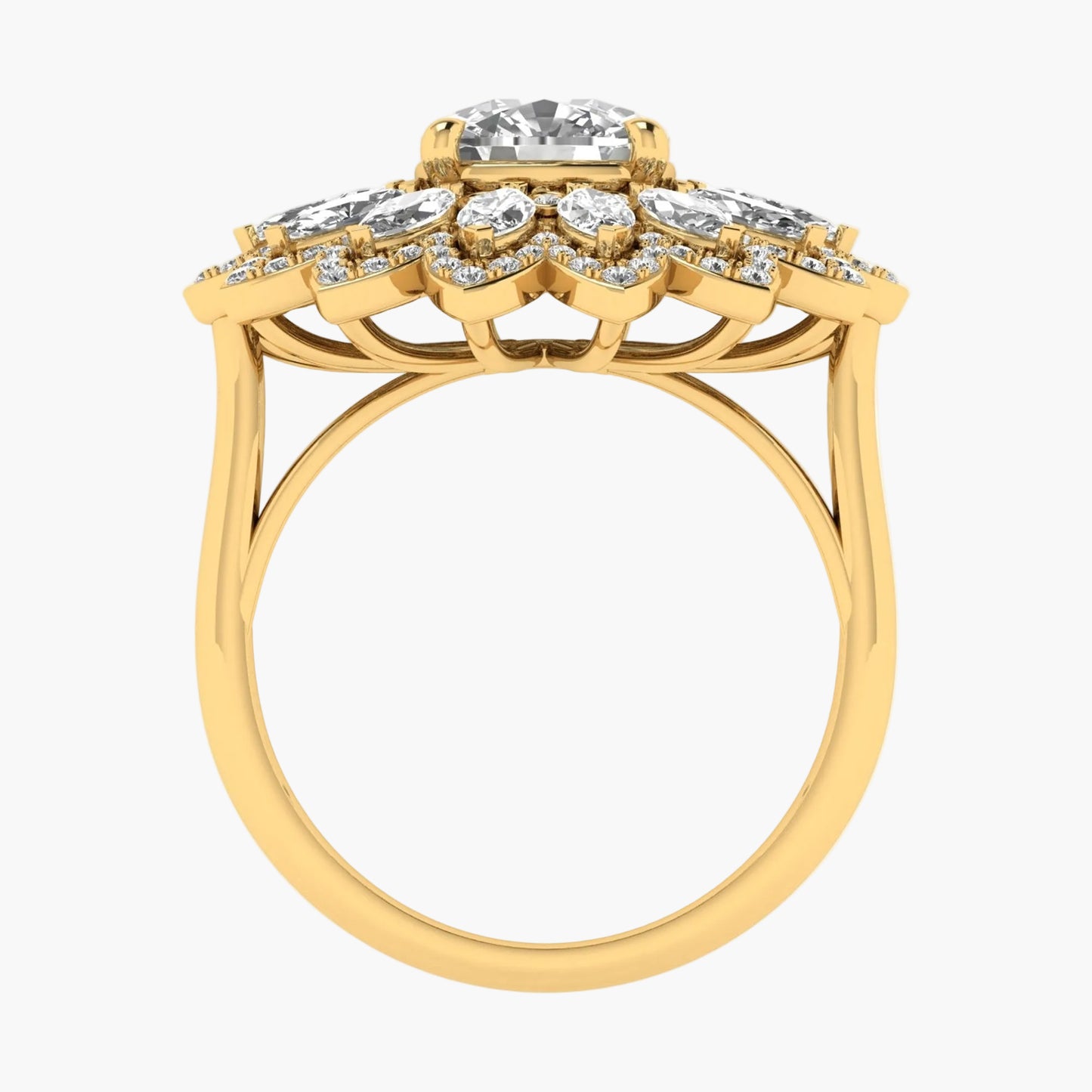Gold ring with diamond accents on a white background