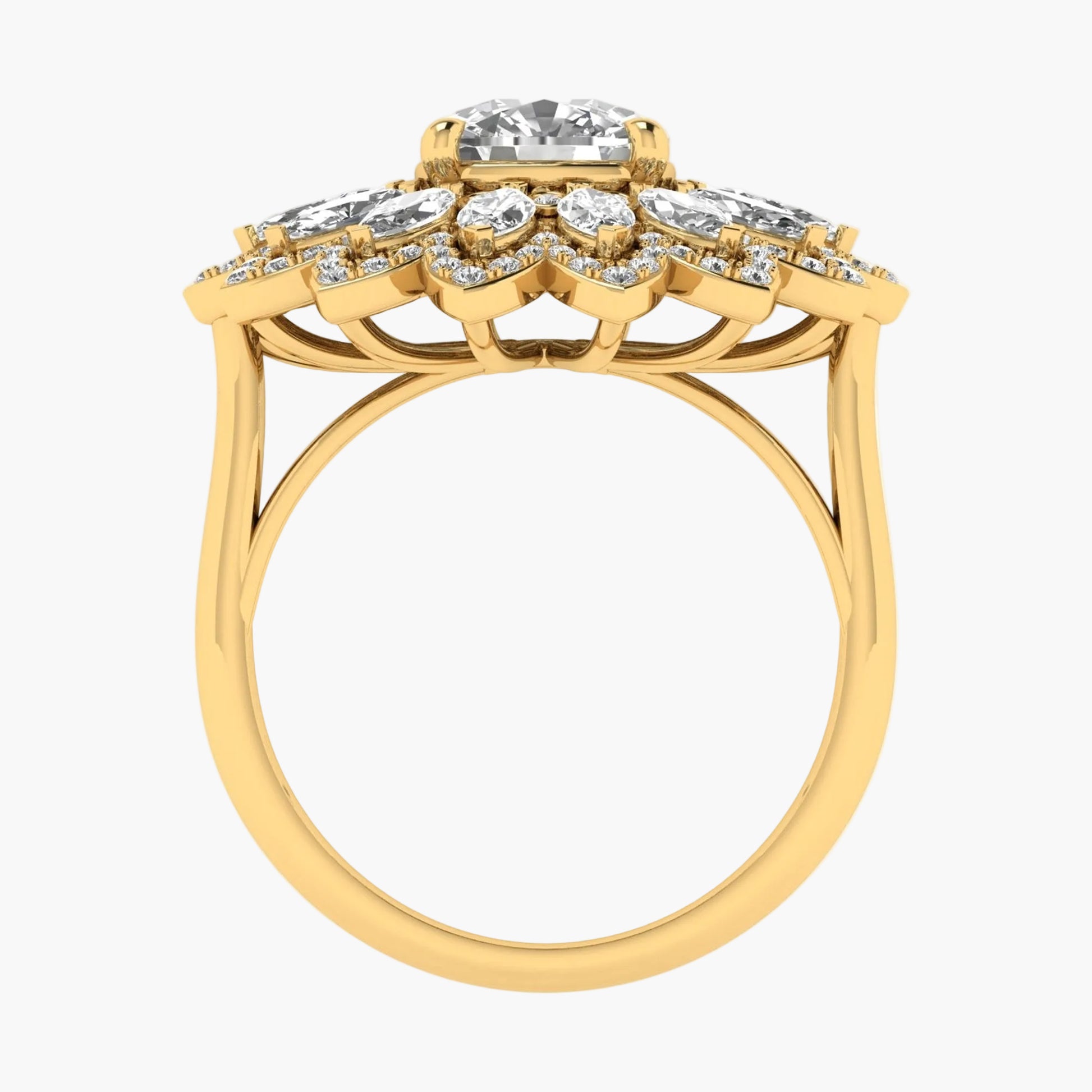 Gold ring with diamond accents on a white background