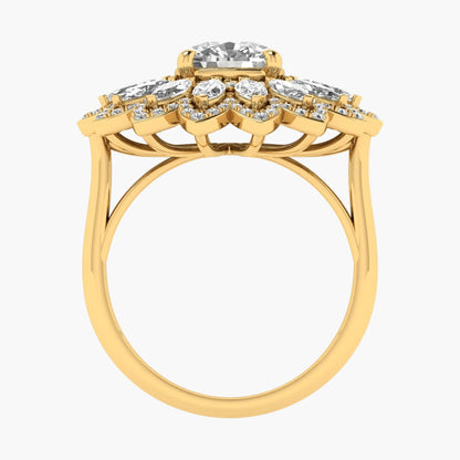 Gold ring with diamond accents on a white background