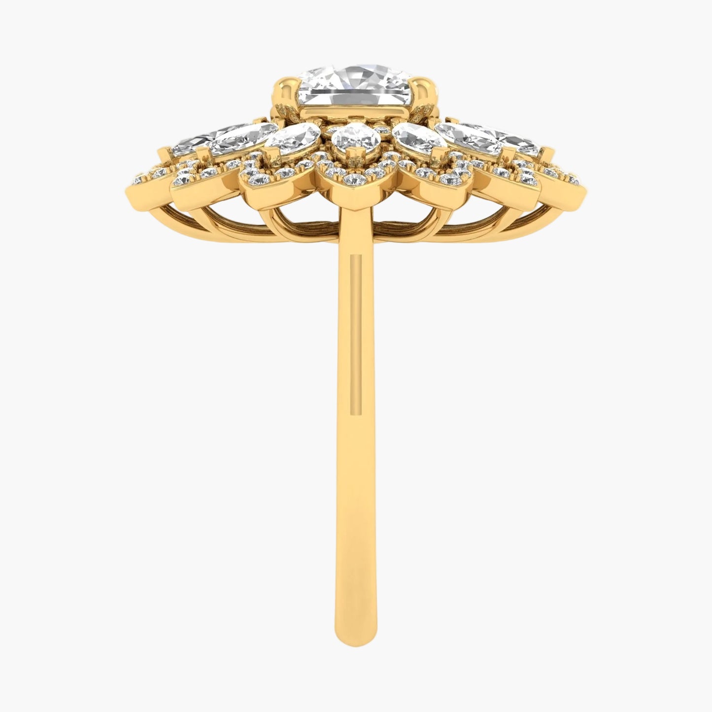 Gold ring with diamond accents on a white background