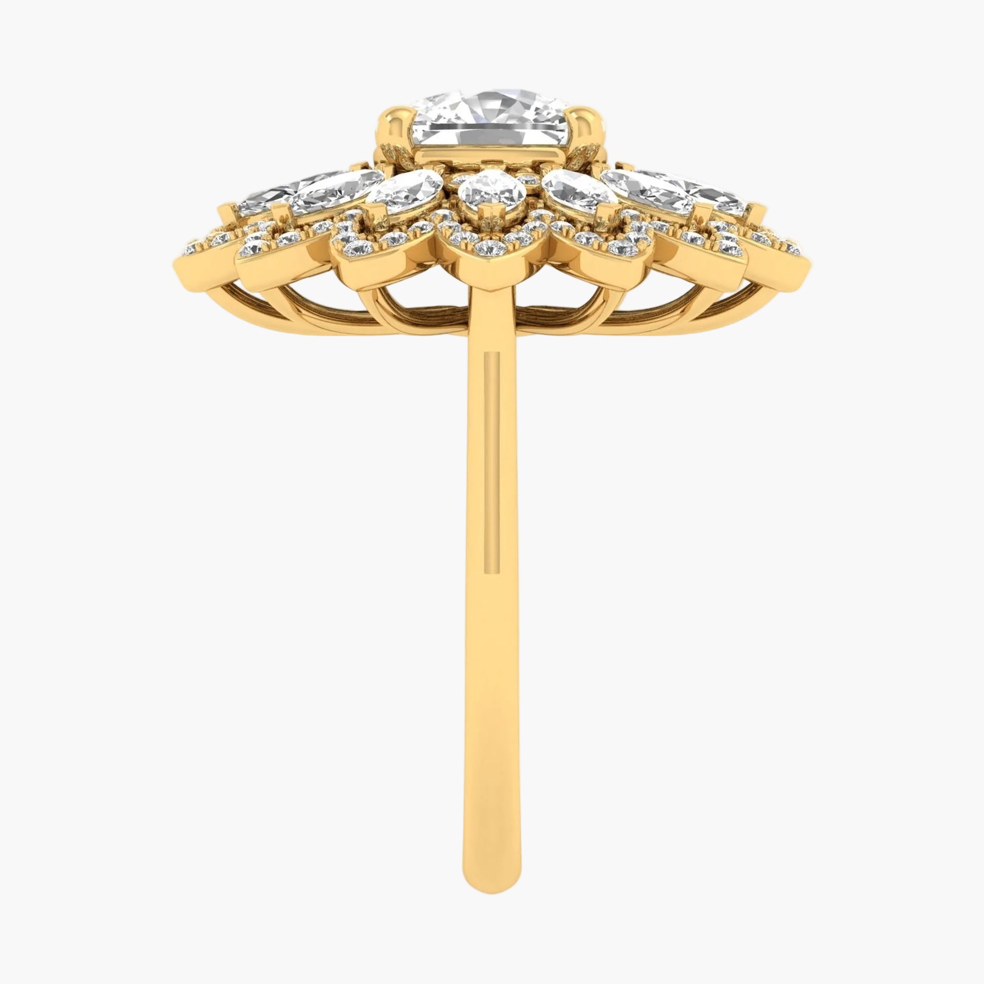 Gold ring with diamond accents on a white background