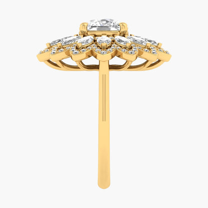 Gold ring with diamond accents on a white background