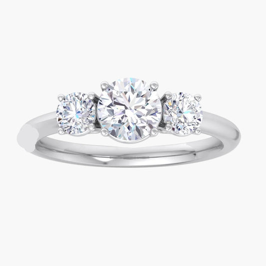 Diamond ring with three round-cut diamonds on a white background