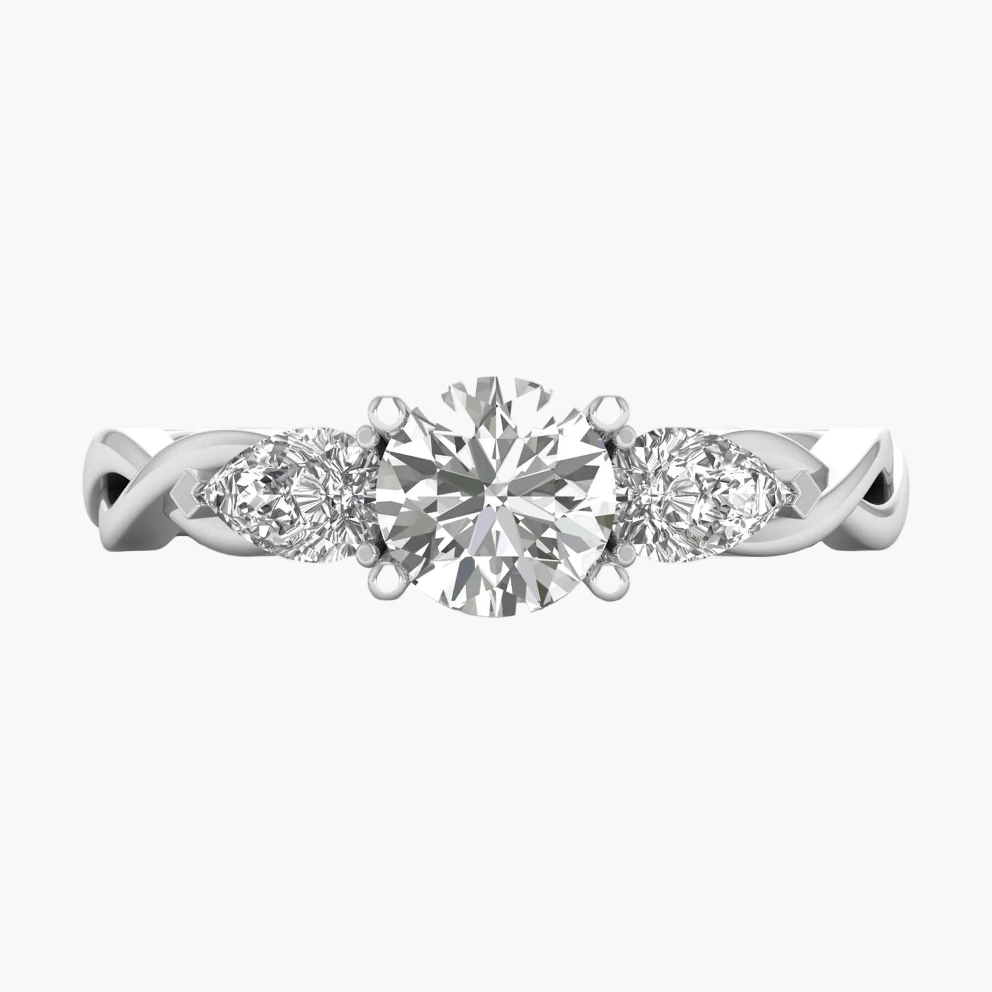 Diamond ring with three circular diamonds on a white background