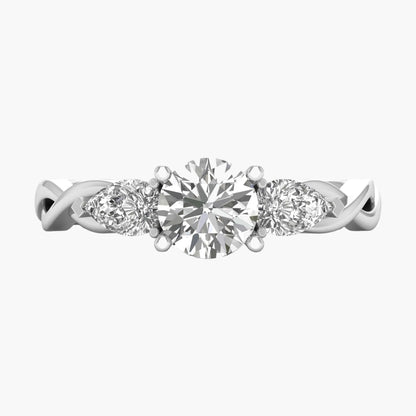 Diamond ring with three circular diamonds on a white background