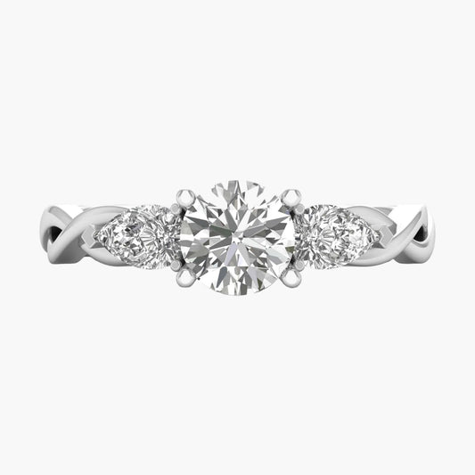 Diamond ring with three circular diamonds on a white background