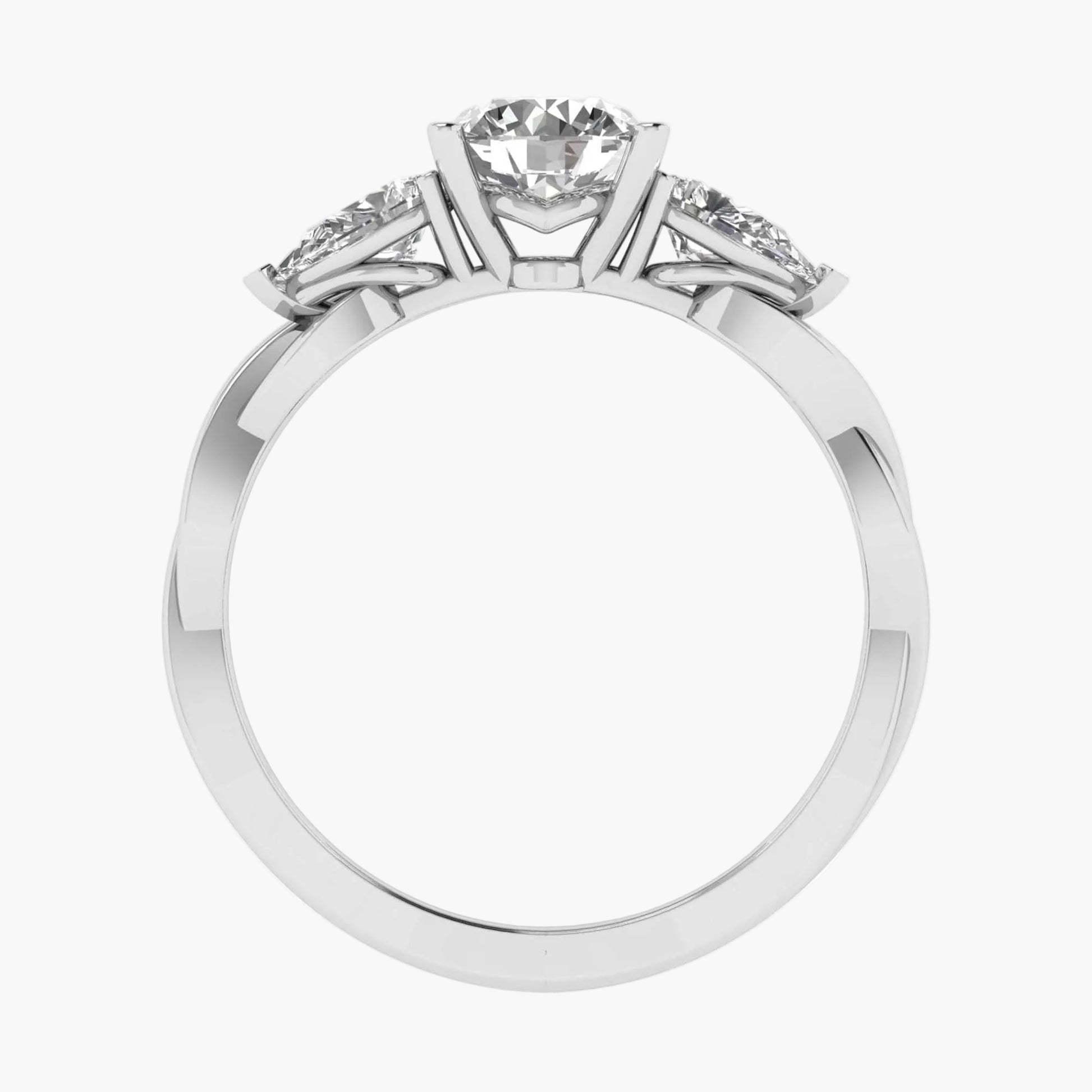 Diamond ring with a central gemstone and two smaller stones on a white background
