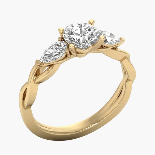 Gold ring with three diamonds on a white background