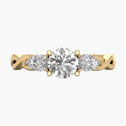 Gold ring with three diamonds on a white background
