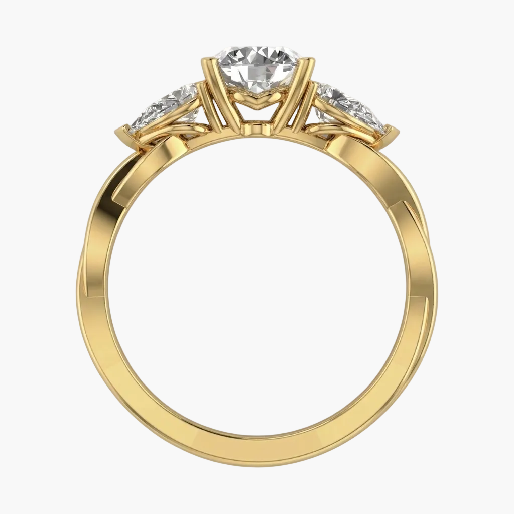 Gold ring with a central diamond and smaller diamonds on the sides against a white background