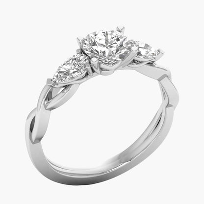Diamond ring with three stones on a white background
