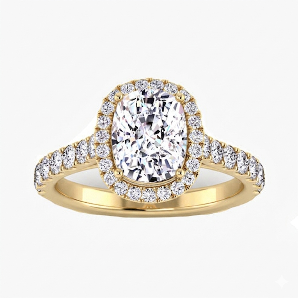 Gold ring with a large diamond and smaller diamonds on a white background