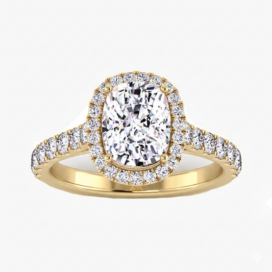 Gold ring with a large diamond and smaller diamonds on a white background