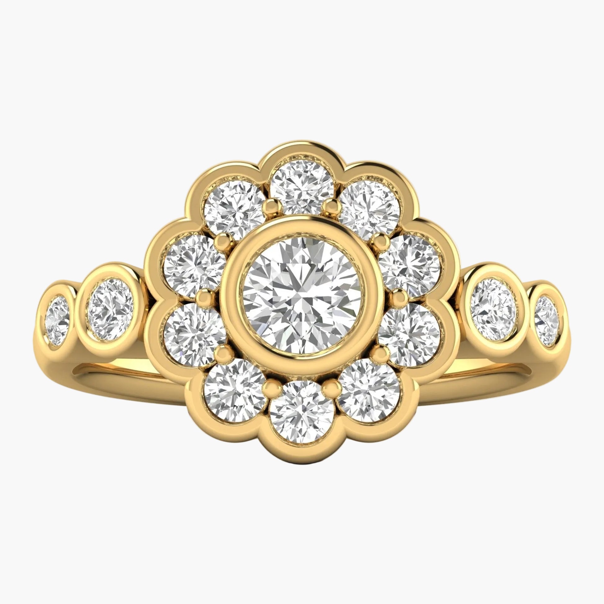 Gold ring with diamond flowers on a white background