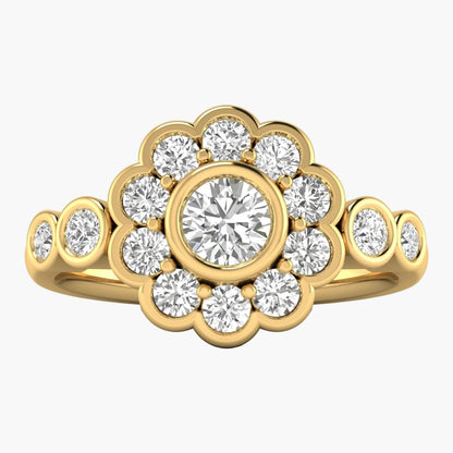 Gold ring with diamond flowers on a white background