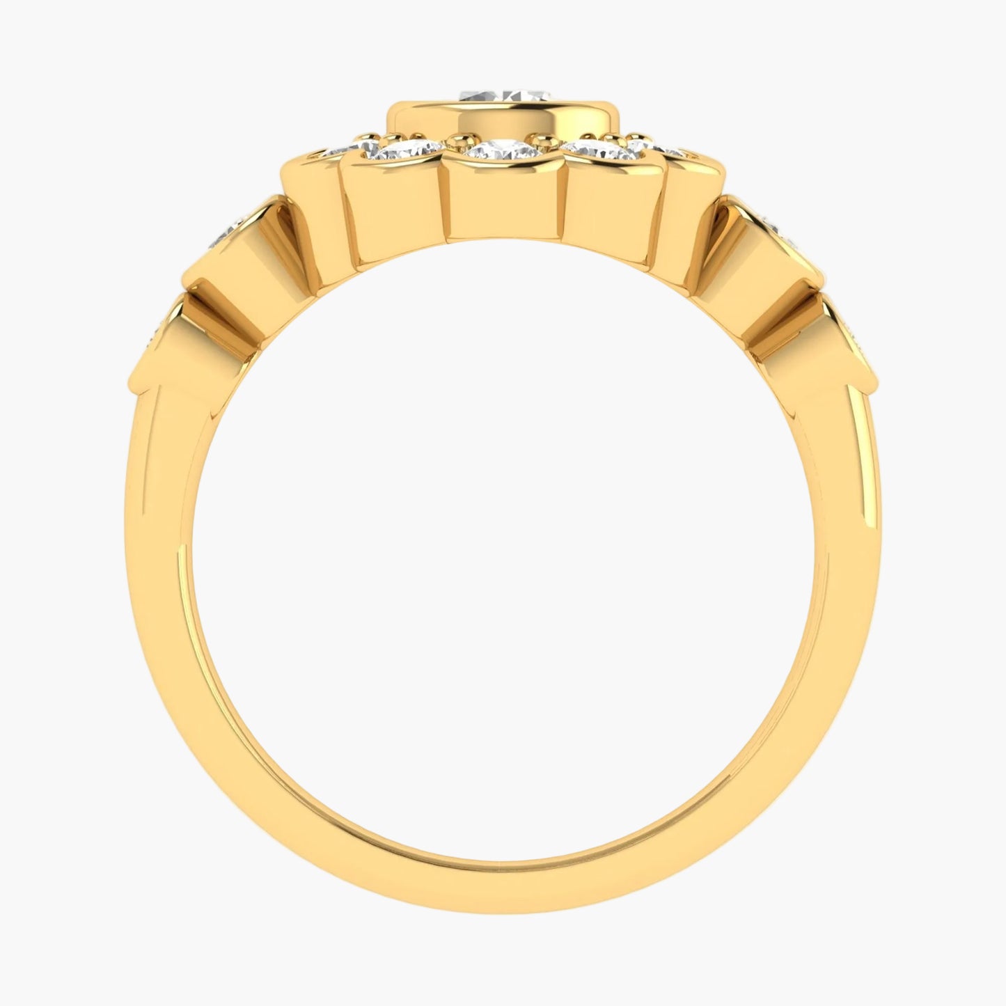Gold ring with diamond accents on a white background
