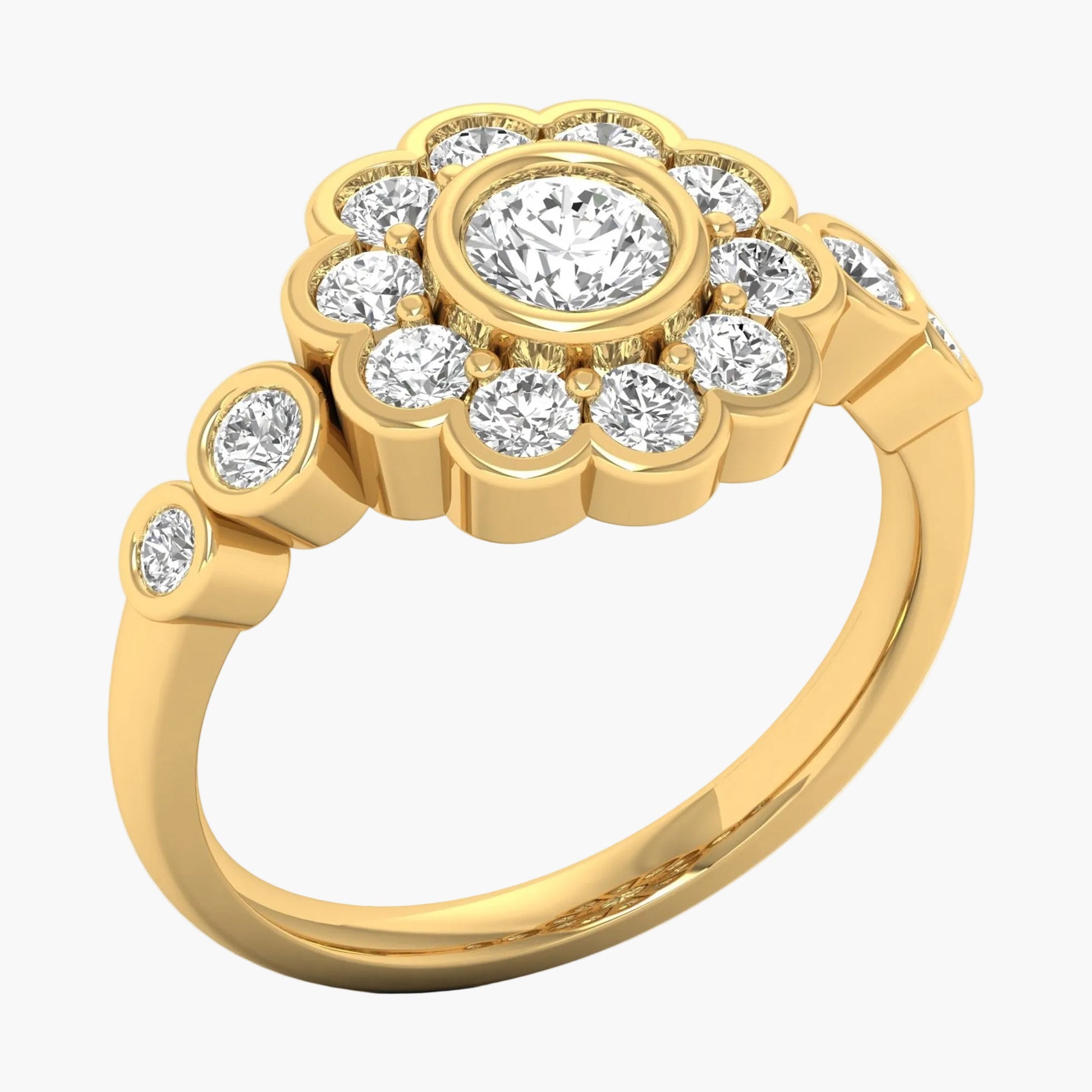 Gold ring with diamond accents on a white background