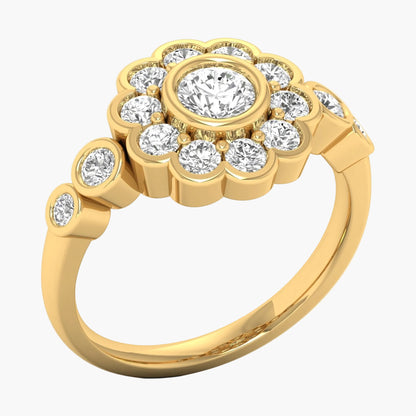 Gold ring with diamond accents on a white background