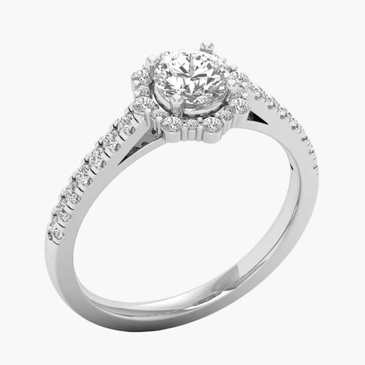 Diamond ring with a white gold band on a white background