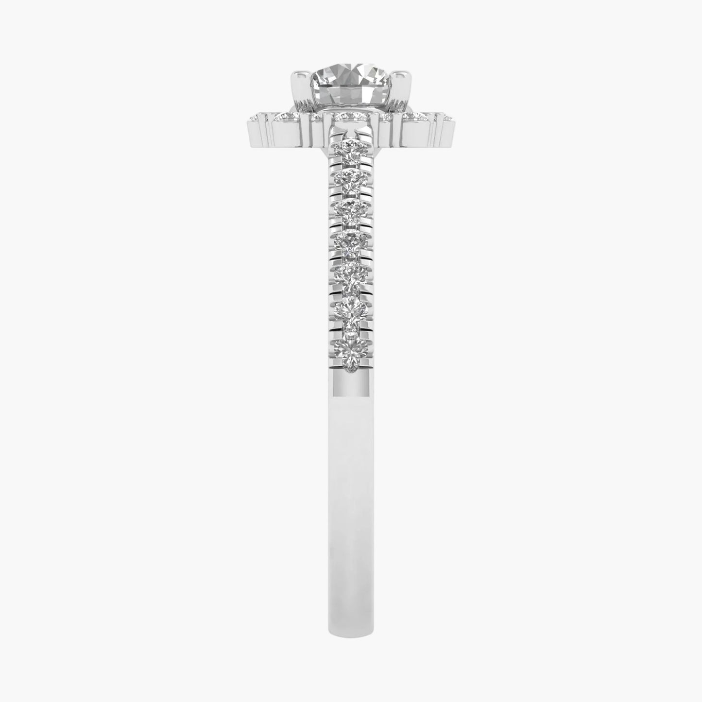 Diamond ring with a white gold band on a white background