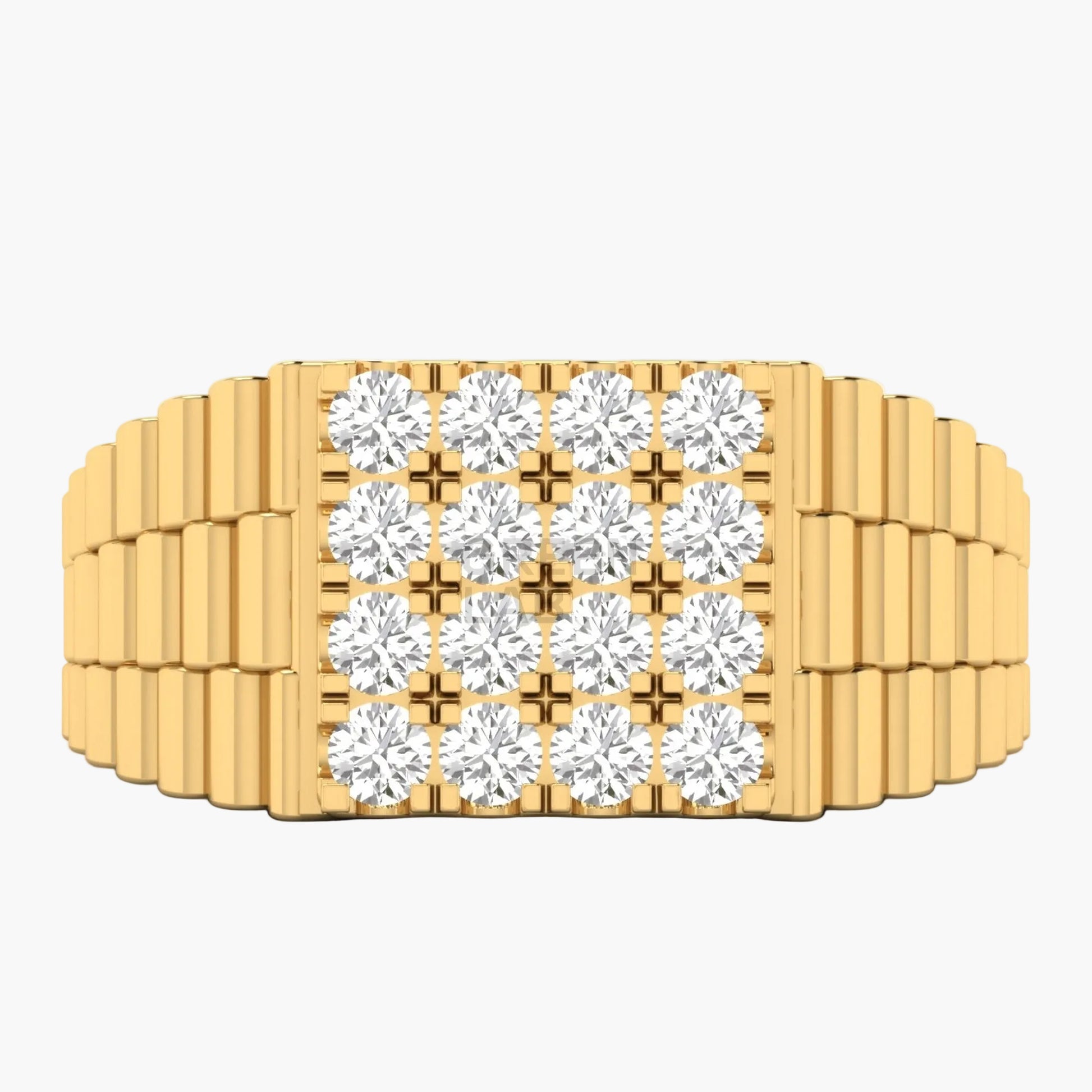 Gold ring with diamond stones on a white background