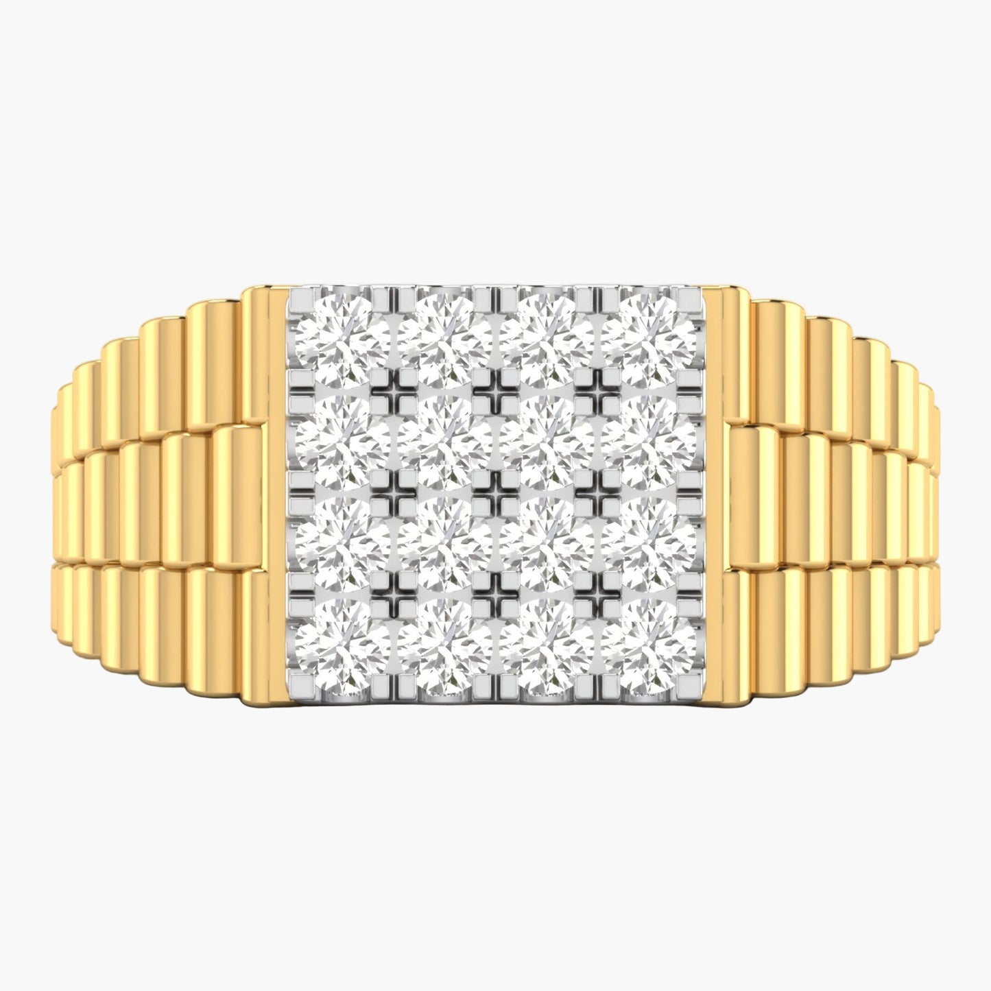 Gold ring with diamond-studded band on a white background