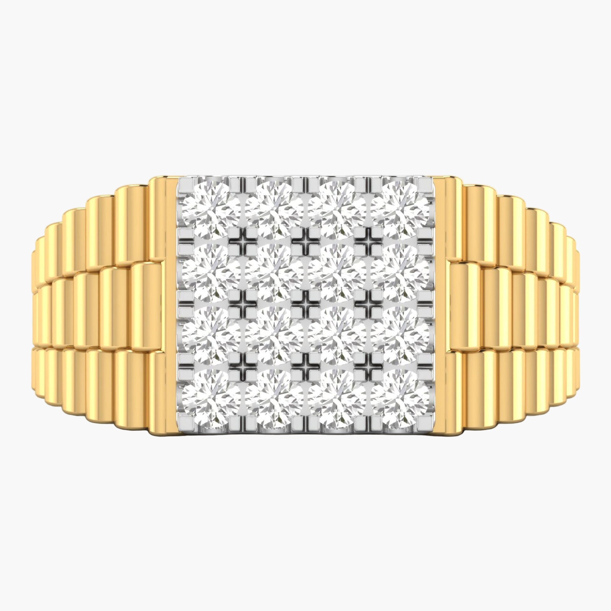 Gold ring with diamond-studded band on a white background