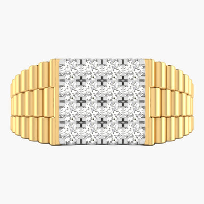 Gold ring with diamond-studded band on a white background
